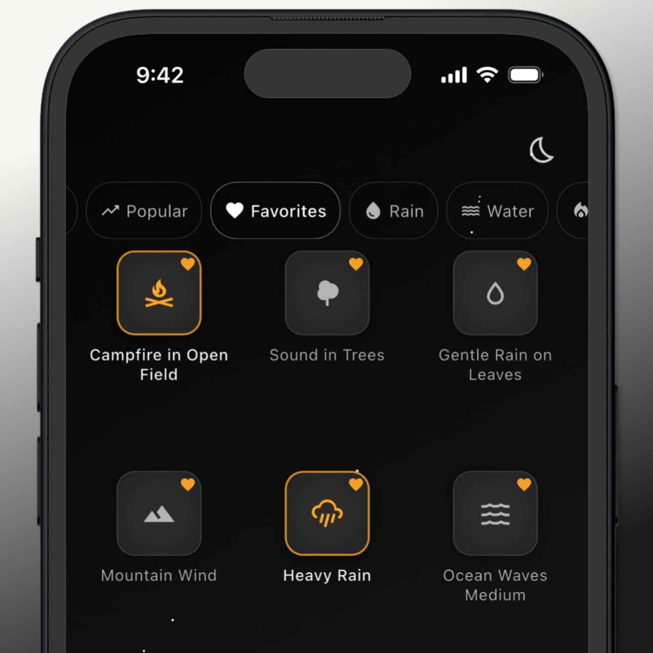 The Sonora sound library screen showing rain, fire, and nature soundscapes