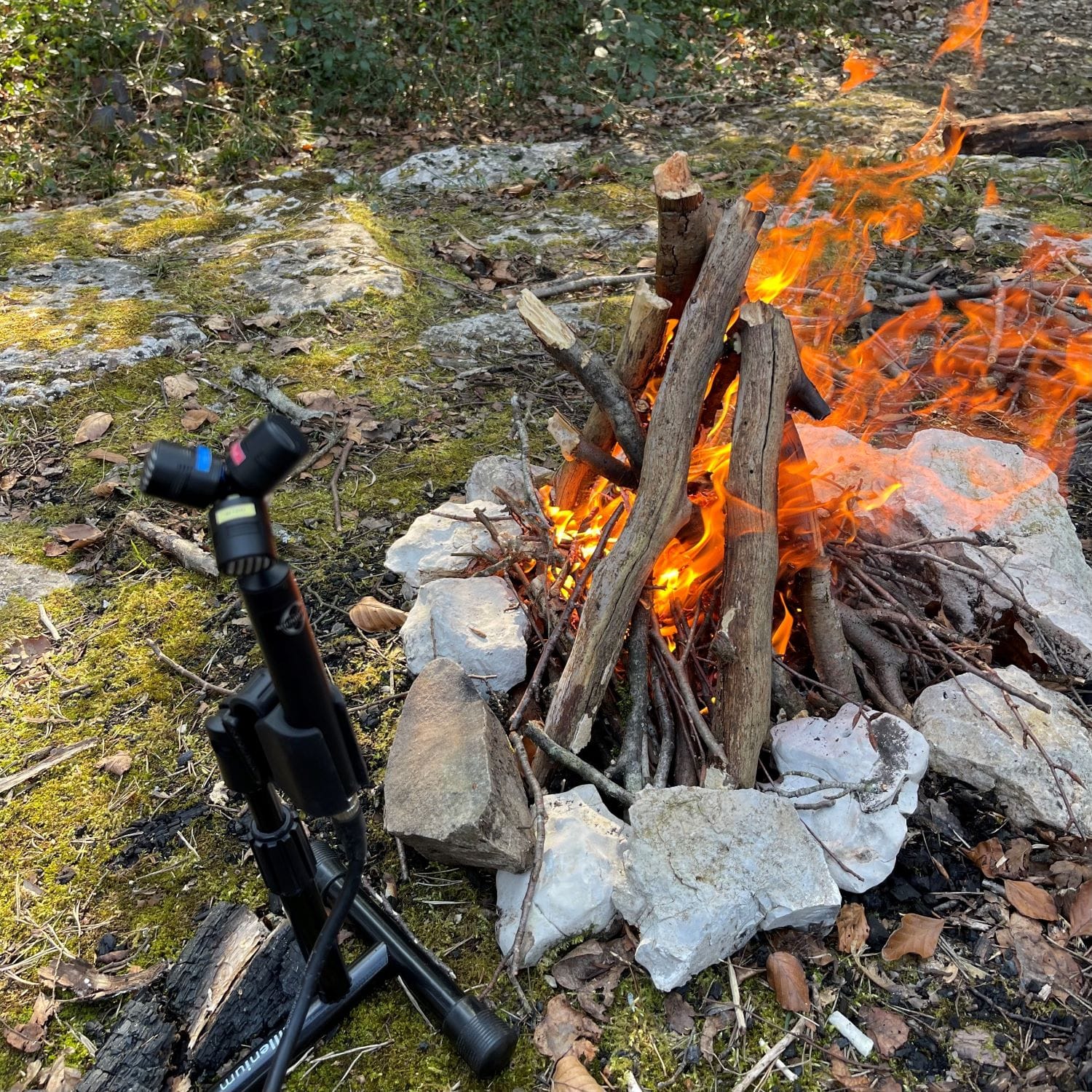 A Soundfield SPS200 ambisonic microphone on a stand, recording a campfire in a forest